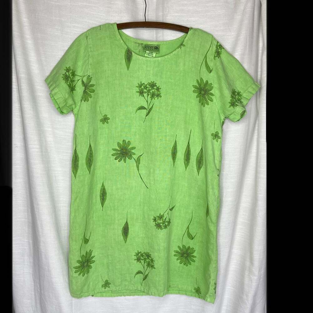 Vintage Floral Linen Dyed Lime Green Dress
